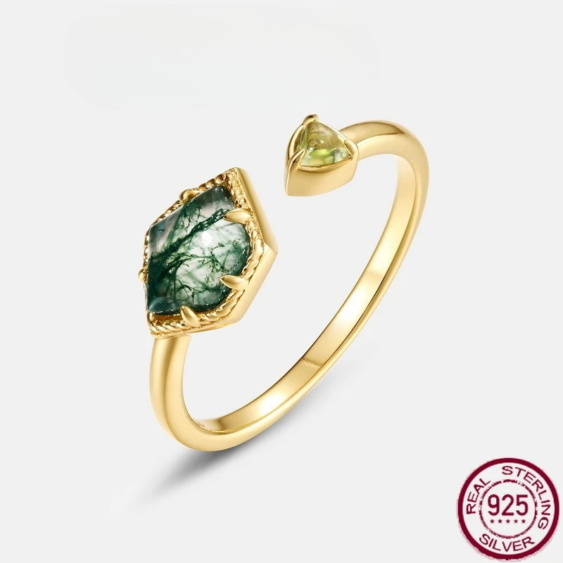 

New S925 sterling silver irregular geometric natural green moss stone ring, water grass agate open ring, wedding jewelry