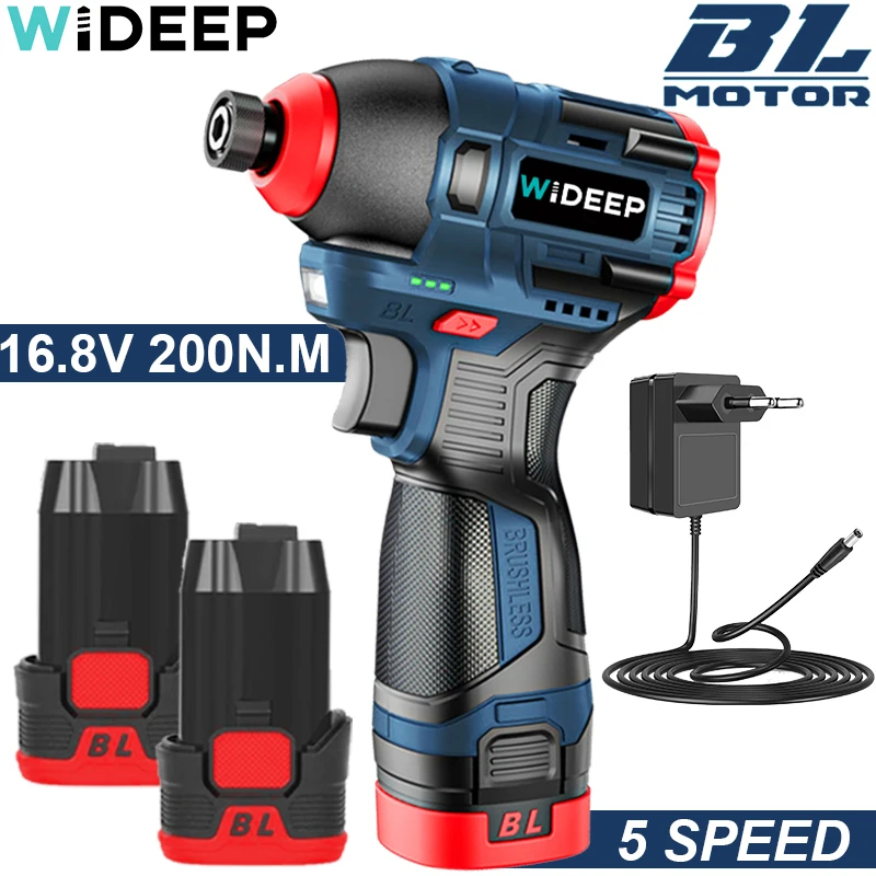 16.8V 200N.m Brushless Electric Cordless Drill Screwdriver Impact Driver Household Multifunction Power Tool 1/2 2.0Ah Batteries