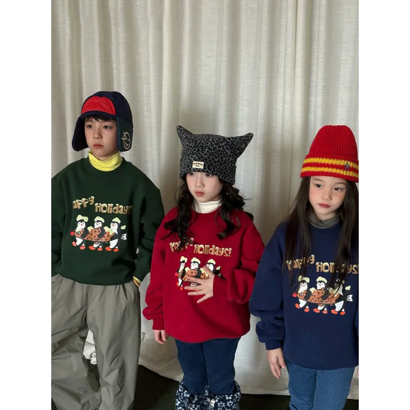 Winter Children Girl Sweatshirt UNITIM 2-8Yrs Kids Girl Penguin Print Fleece Pullovers Loose Crew Neck Toddler Girls Basic Shirt