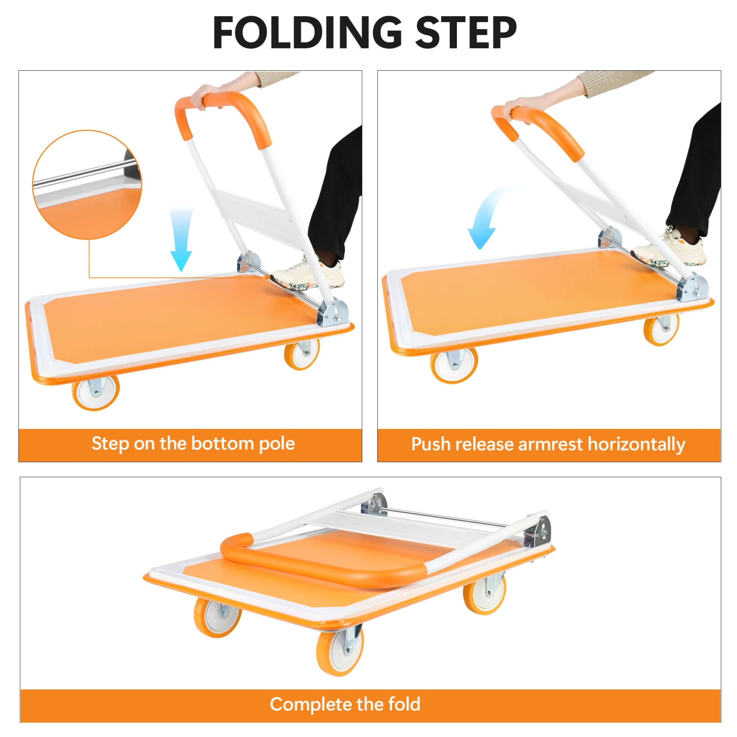 

Foldable Push Cart Dolly - 660 Lb. Capacity Heavy Duty Moving Platform Hand Truck - Folding & Rolling White & Orange Flatbed Car