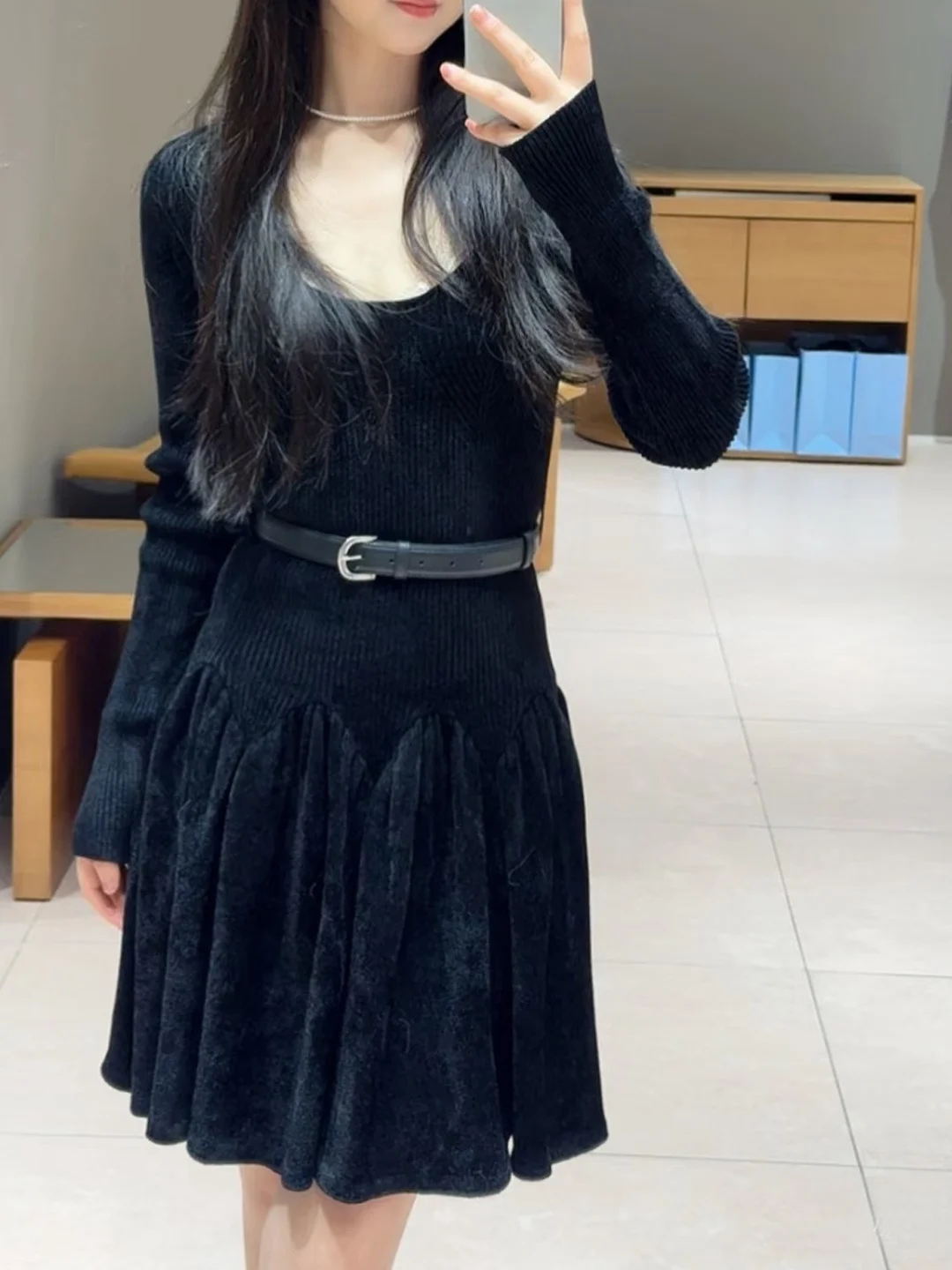 

Ele Knitted Long Sve U-Ne Dr Slim Fit High Waist ort A-Line Skirt for Women Comfortable Stretchy Soft Fabric