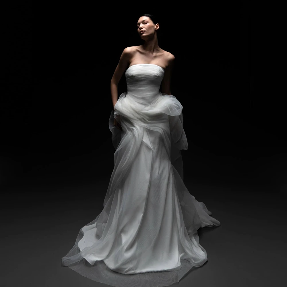 

Dreamlike White Mesh Strapless A-Line Party Dress Puffy Ruffles Tulle Evening Gown Custom Made Wedding Bridal Dresses ﻿