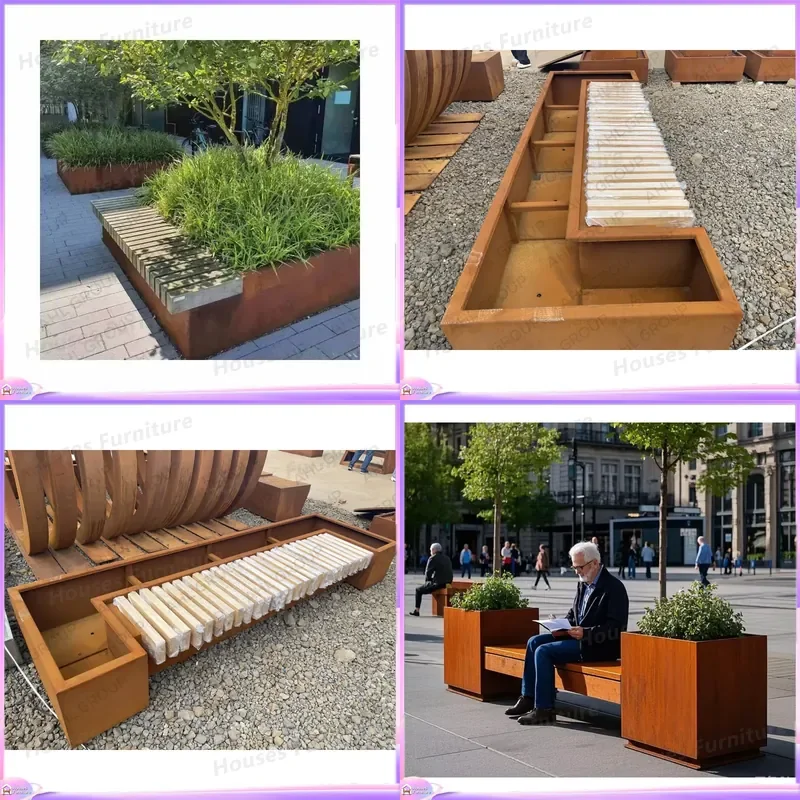 Custom Large Corten Steel Planters Outdoor Garden Pots with Wooden Stand Landscape Design Flower Box Rustic Metal Planter