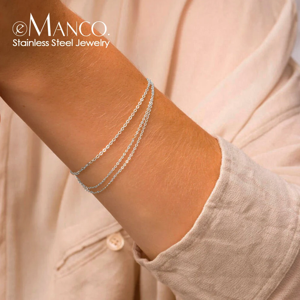 EManco-pulsera de cadena Simple para mujer, joyería de Color plateado, pulsera de cadena fina multicapa, cadena de acero inoxidable al por mayor
