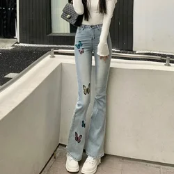 Blue Pants for Woman Embroidered Trousers High Waist Shot Flared Bell Bottom Flare Women's Jeans Spring Good Quality Vibrant R A