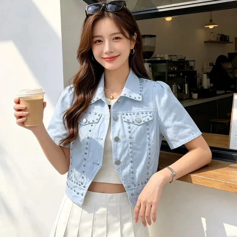 Summer New Women Slim Thin Short Denim Jacket Lapel Single Breasted Short Sleeve Jeans Jacket Pink Purple Black Blue Apricot