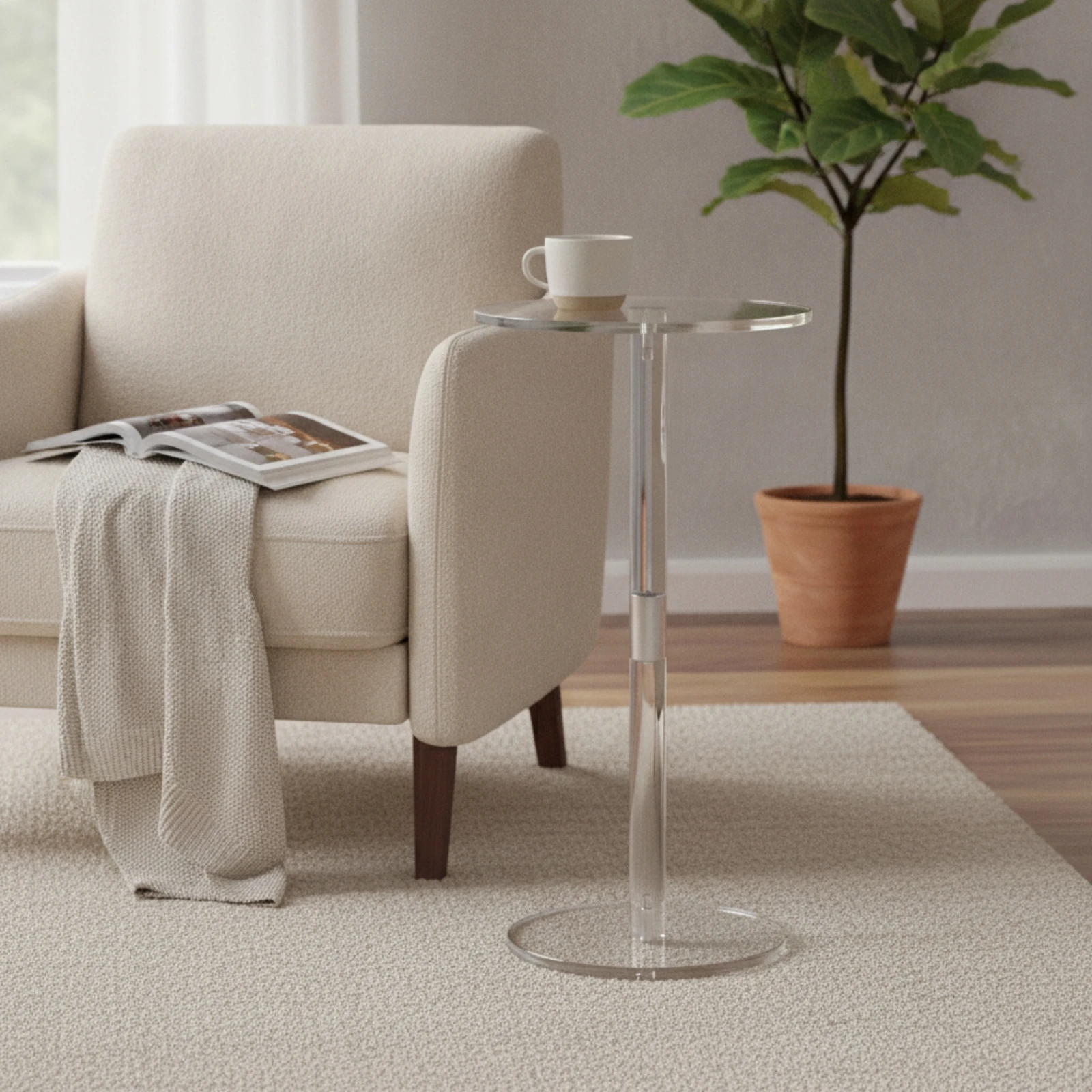 Acrylic Side Table Compact Clear Pedestal Table Furniture Minimalist Contemporary for Living Room, Bedroom