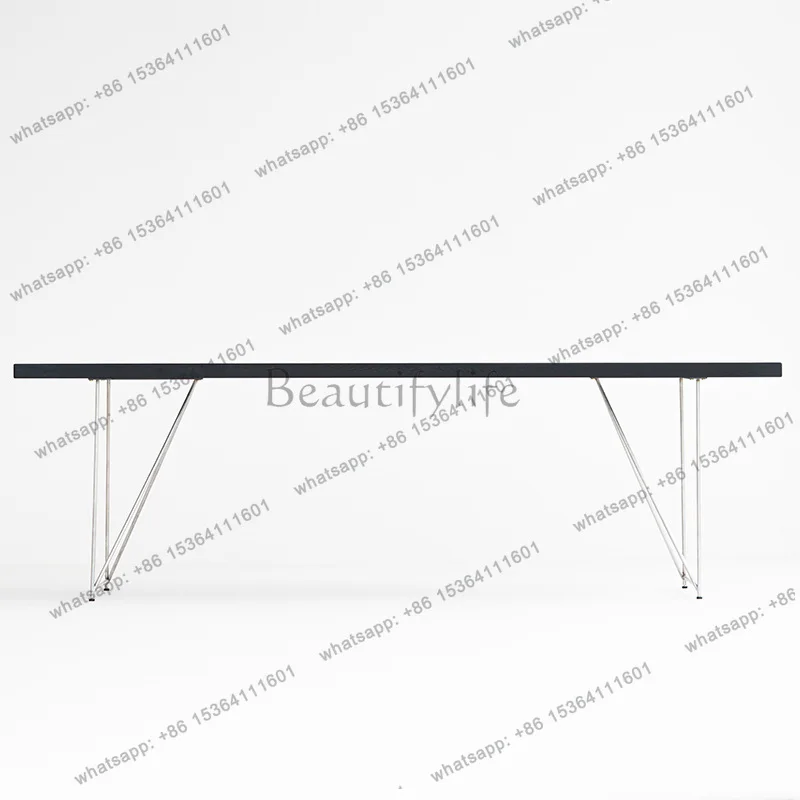 

Wabi-sabi style ash wood dining table, solid wood black log, simple stainless steel carbonized tea table