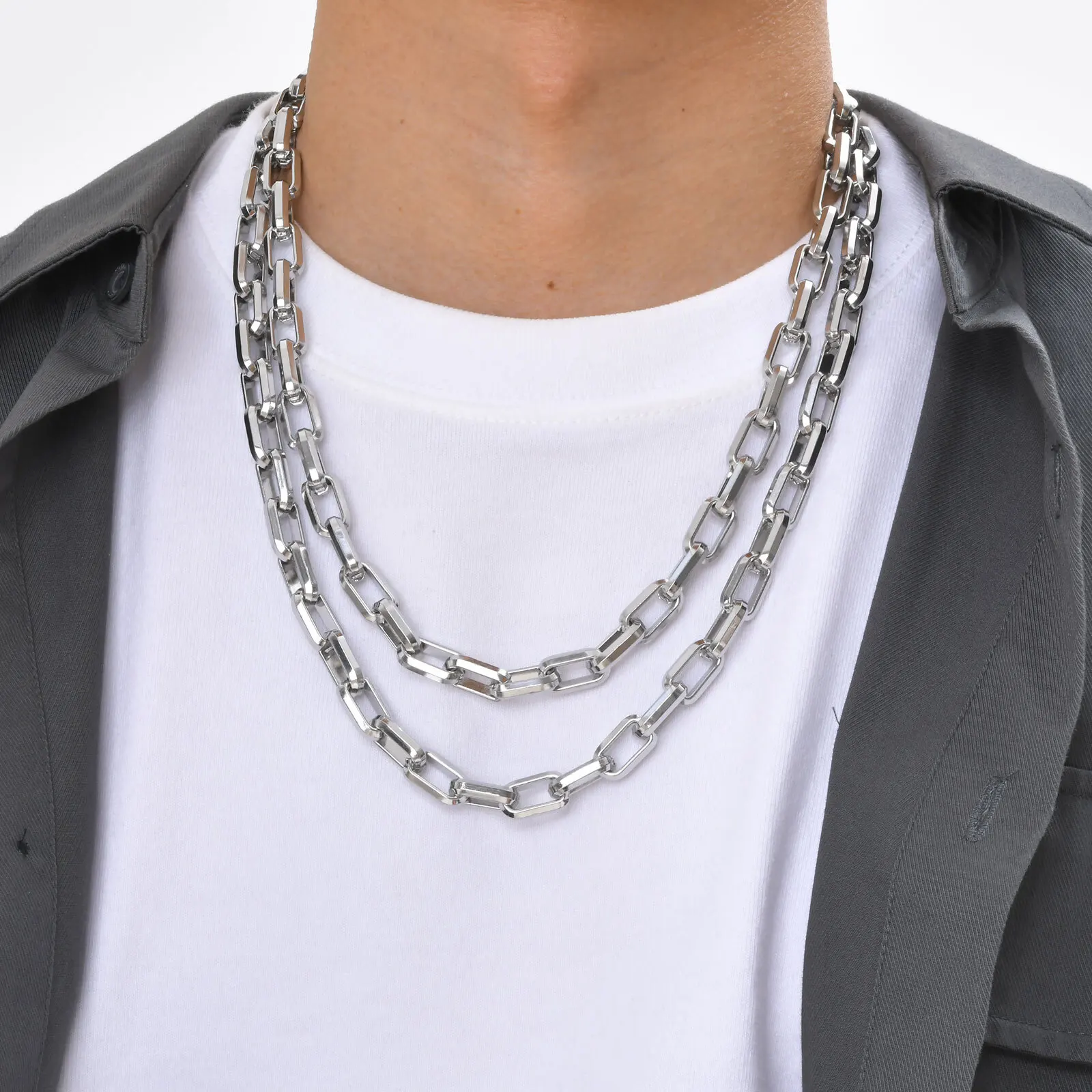 50/55/60cm Bold Rectangle Chain Necklaces for Men Boys,Chunky 9.2mm Square Stainless Steel Collar,Cool Rock Punk Jewelry Gifts