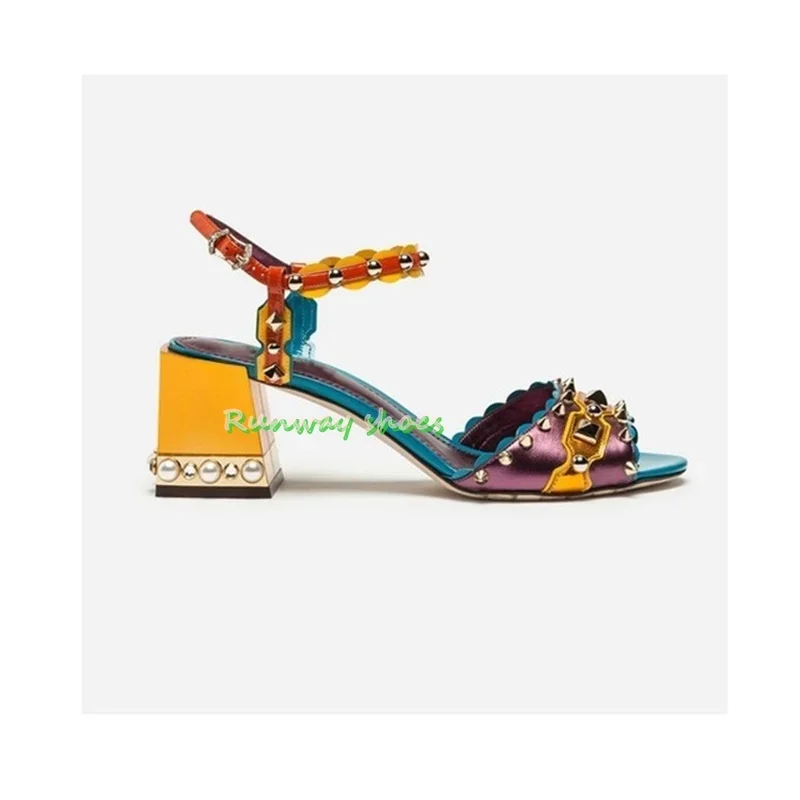 Picture 4: Rhinestone Pearl Heels T-strap Women's Sandals Round Head With Exposed Toe Color Blocking Color Blocking Luxury Handmade Shoes
