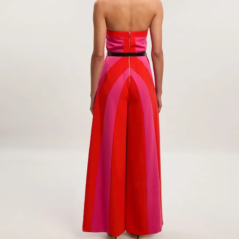 Pantaloni lunghi senza schienale senza maniche sexy da donna pagliaccetto elegante tuta cava con spalle scoperte elegante tutina a vita alta con blocchi di colore