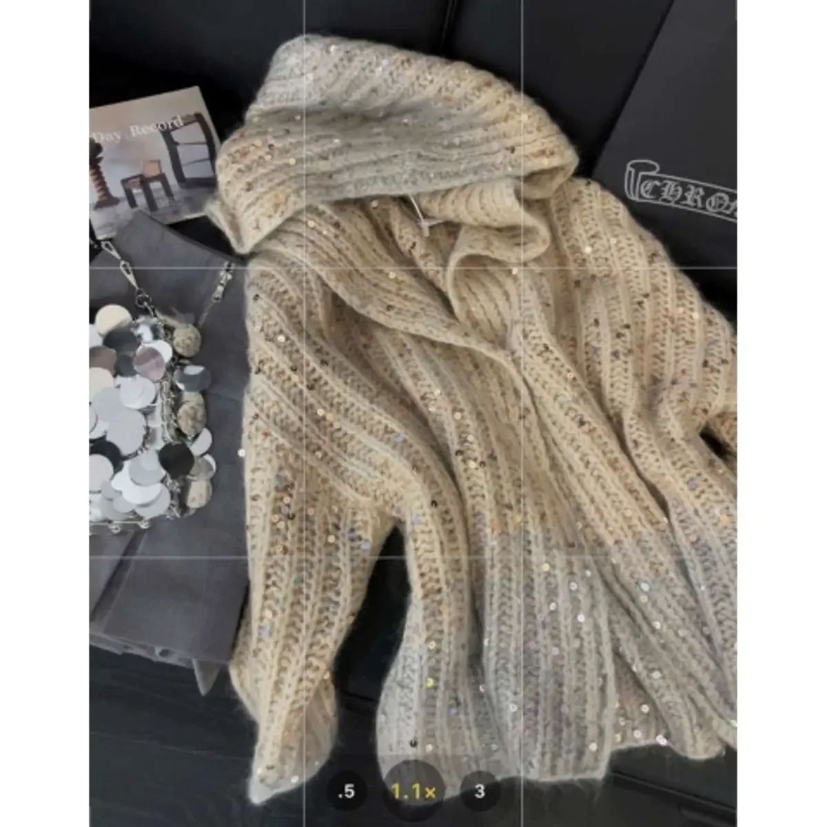 Gagaok Gradient Color Hooded Sweater French Chic Sequin Design Women Cardigans Autumn New Versatile Knitted Cardigan Coat