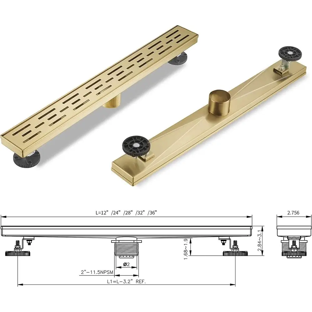 Sifone doccia da 32 pollici in acciaio inox spazzolato oro con griglia rimovibile, scarico a incasso, filtro per capelli incluso