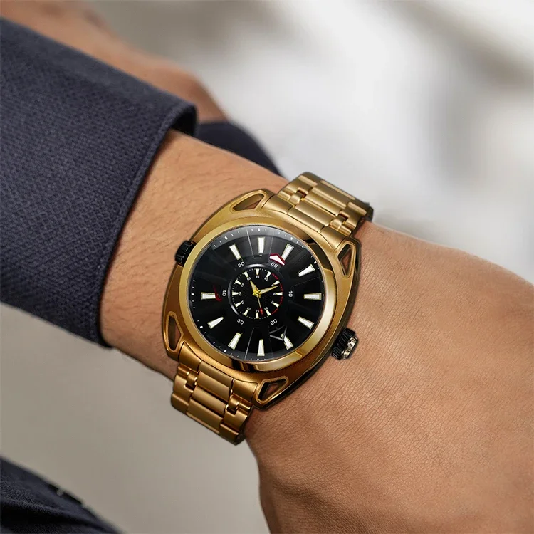 Japanese Quartz + Mechanical Dual Movement Men Watch Stainless Steel Material Steel Watch Gold Hip Hop Luminous Fashion Watch