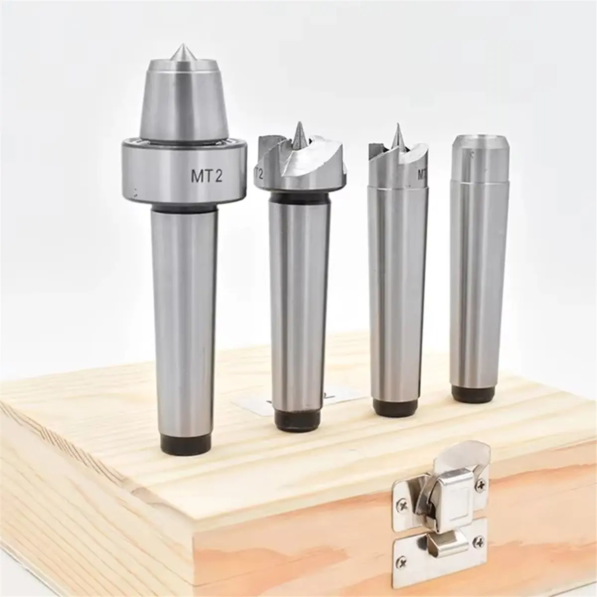 【UPGRADED VERSION】4Pcs Set MT1/ MT2 Spur Live Center Drive Spur Driver Dead C Enter with Wooden Case for Metalworking Wood Lathe