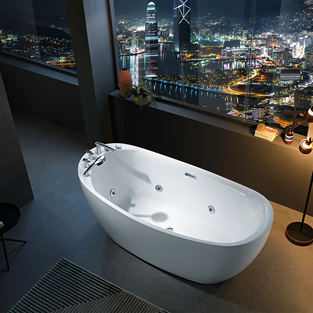 

Modern Indoor Single Bathtub Freestanding Acrylic Bathtub Stand Alone Soaking Bath Tub with Massage Jets