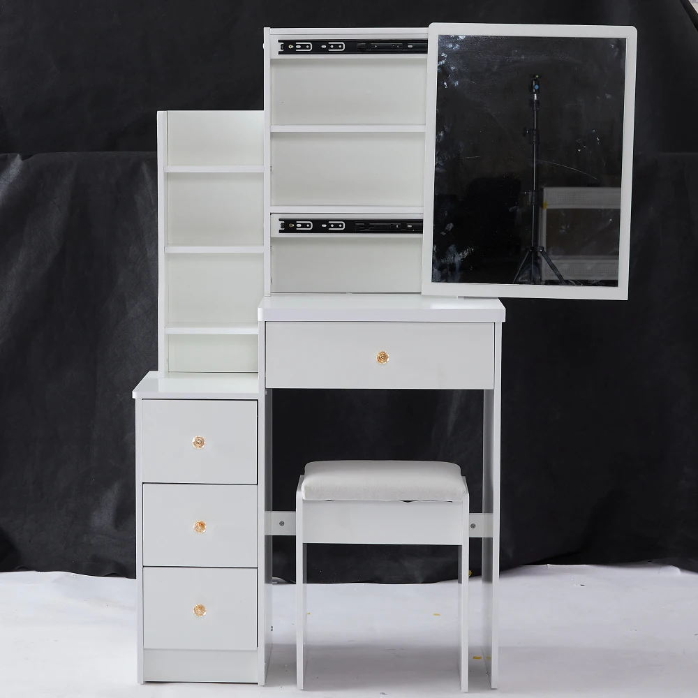 

29.2" Small Space Left Bedside Cabinet Vanity Table + Cushioned Stool, Extra Large Right Sliding Mirror