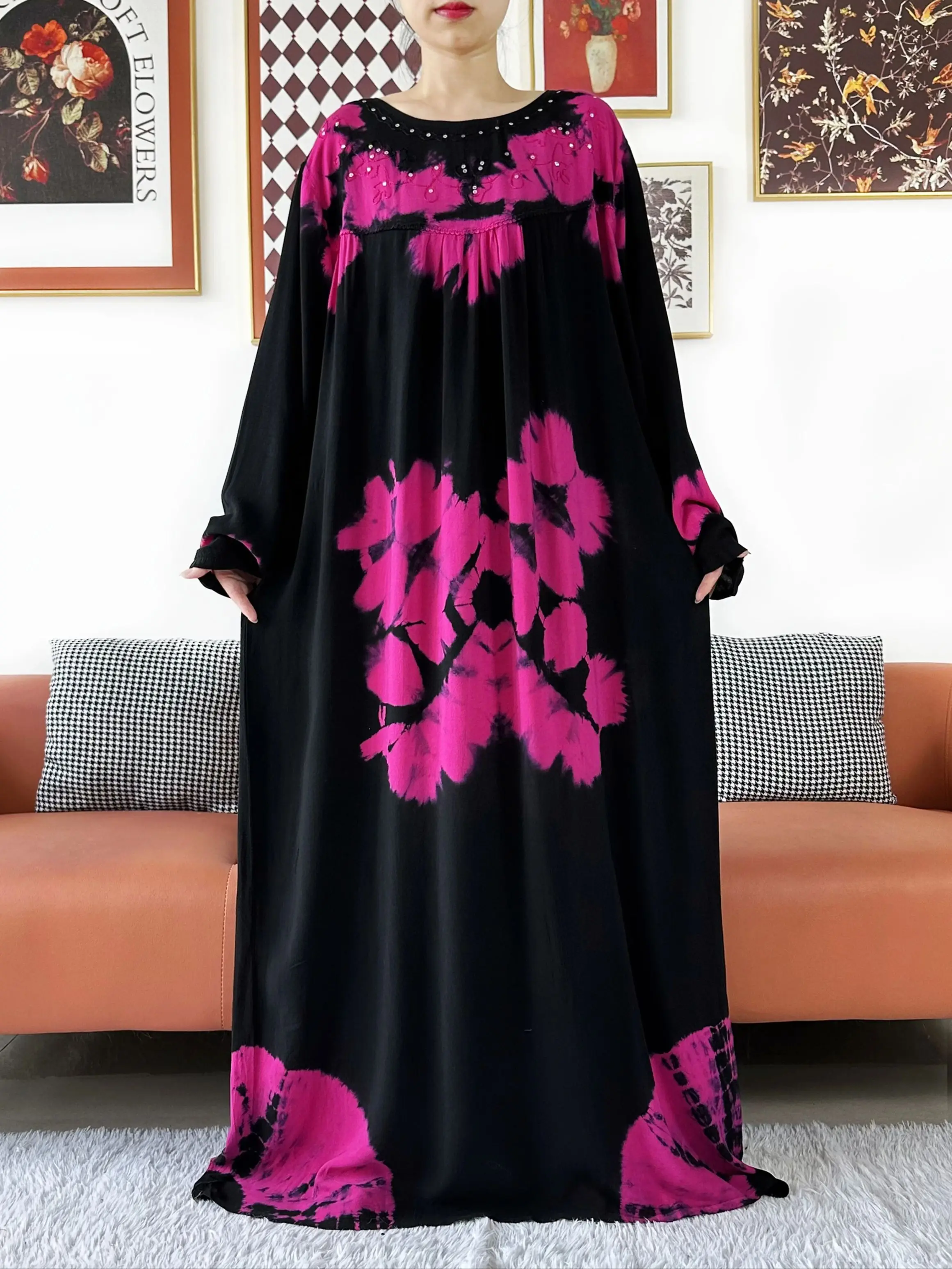 

New Long Sleeve Cotton Abaya Multicolor Floral Print Women Boho Maxi Loose Dress Casual Party Dress Indie Folk African Vestidos