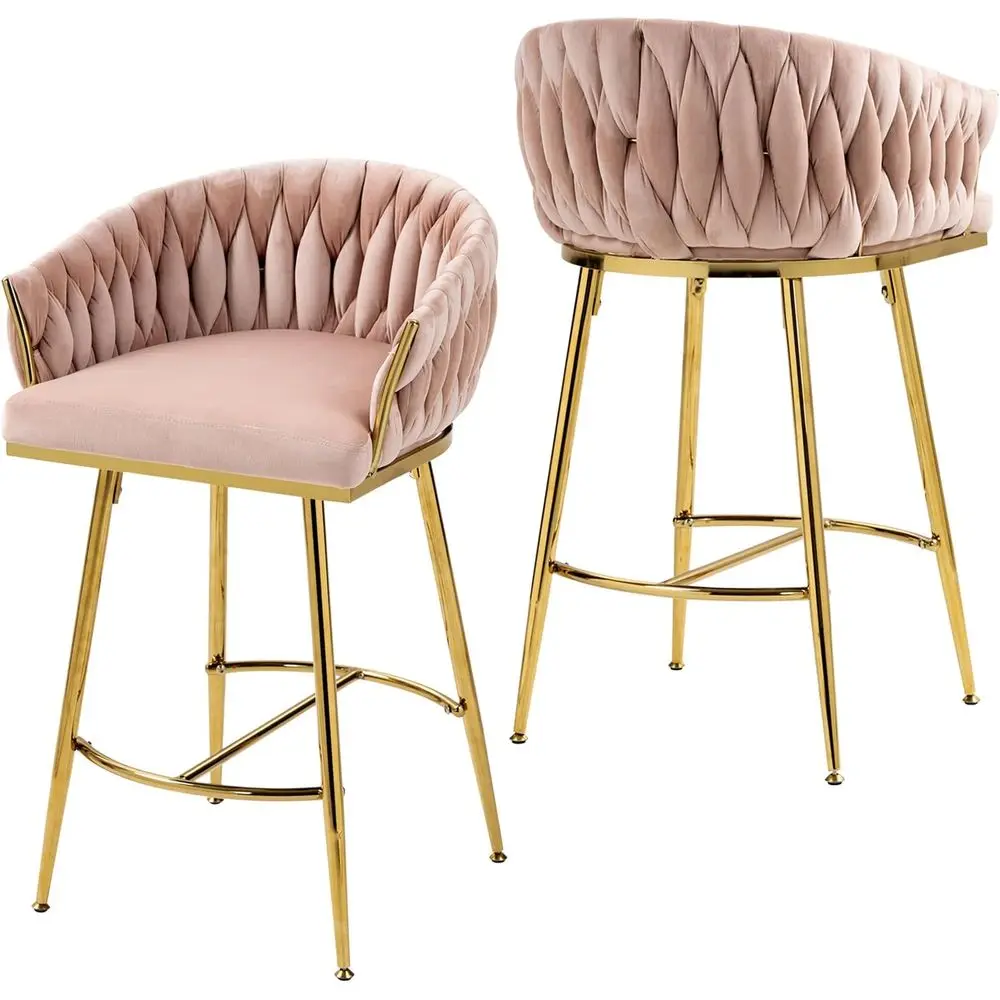

Counter Height Bar Stools Set of 2, Gold Metal Legs, Woven Backrest, Ideal for Kitchen Island, Cafe, Pub - Pink