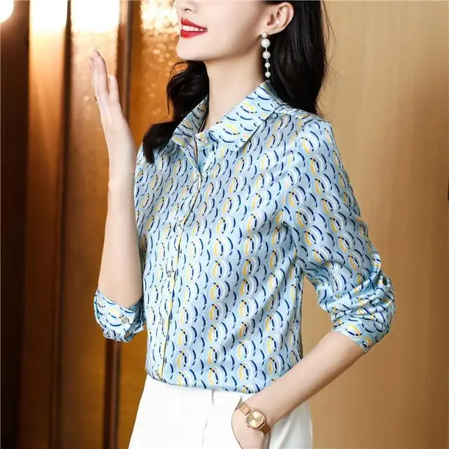 Hangzhou Simulation Silk Shirt Women\'s Long Sleeved Spring and Autumn New Fashion High-end Satin Big Brand Printed High-end Top