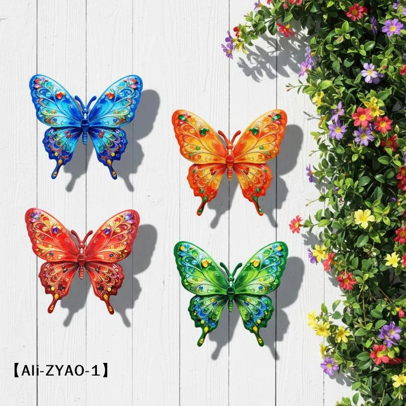 【O】1/4Pcs Outdoor Sculpture Vibrant Metal Butterfly Wall Art Decor With Tool-Free Hook For Garden Yard Patio And Fence