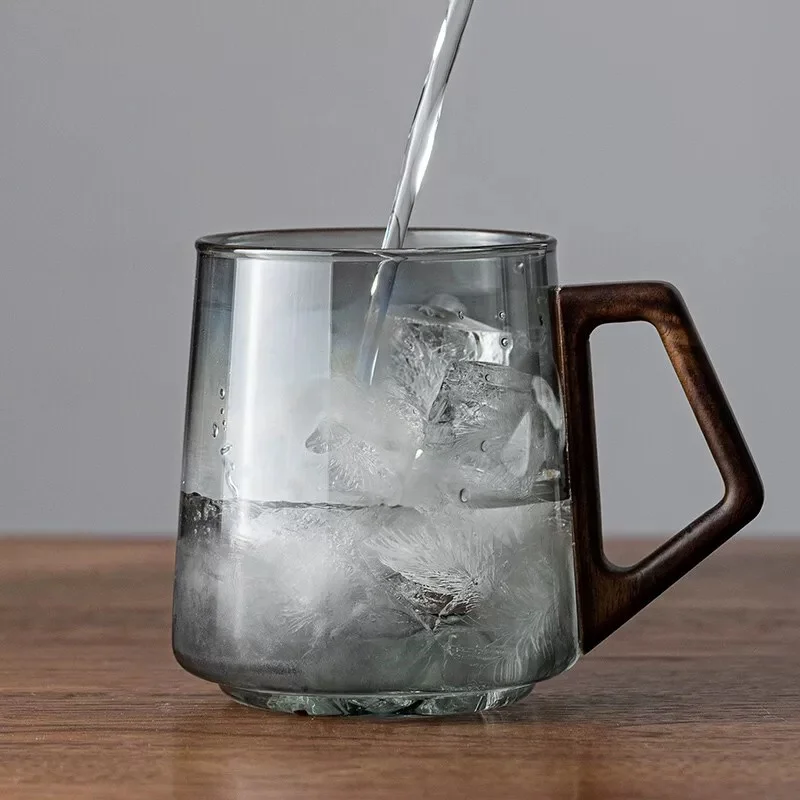 400ml Bottom Mountain View Glass Coffee Mug Tea Cup with Wooden Handle High Temperature Resistance Scented Tea Water Cup