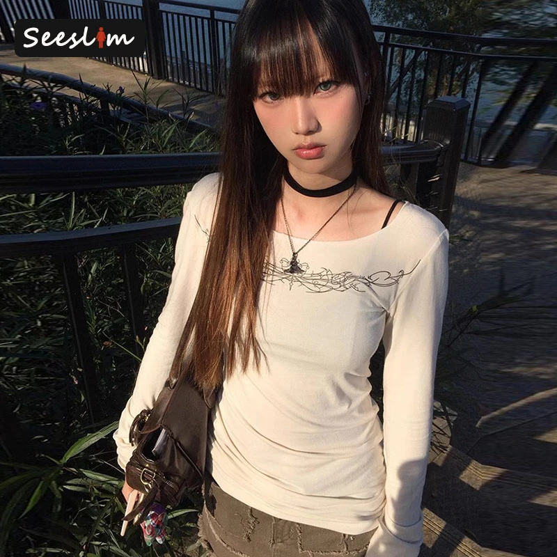 

Seeslim Gothic Graphic T Shirts Long Sleeve Spring Tops Korean Fashion Tees Female Clothing 2000s Clothes Y2k Women's T-shirt