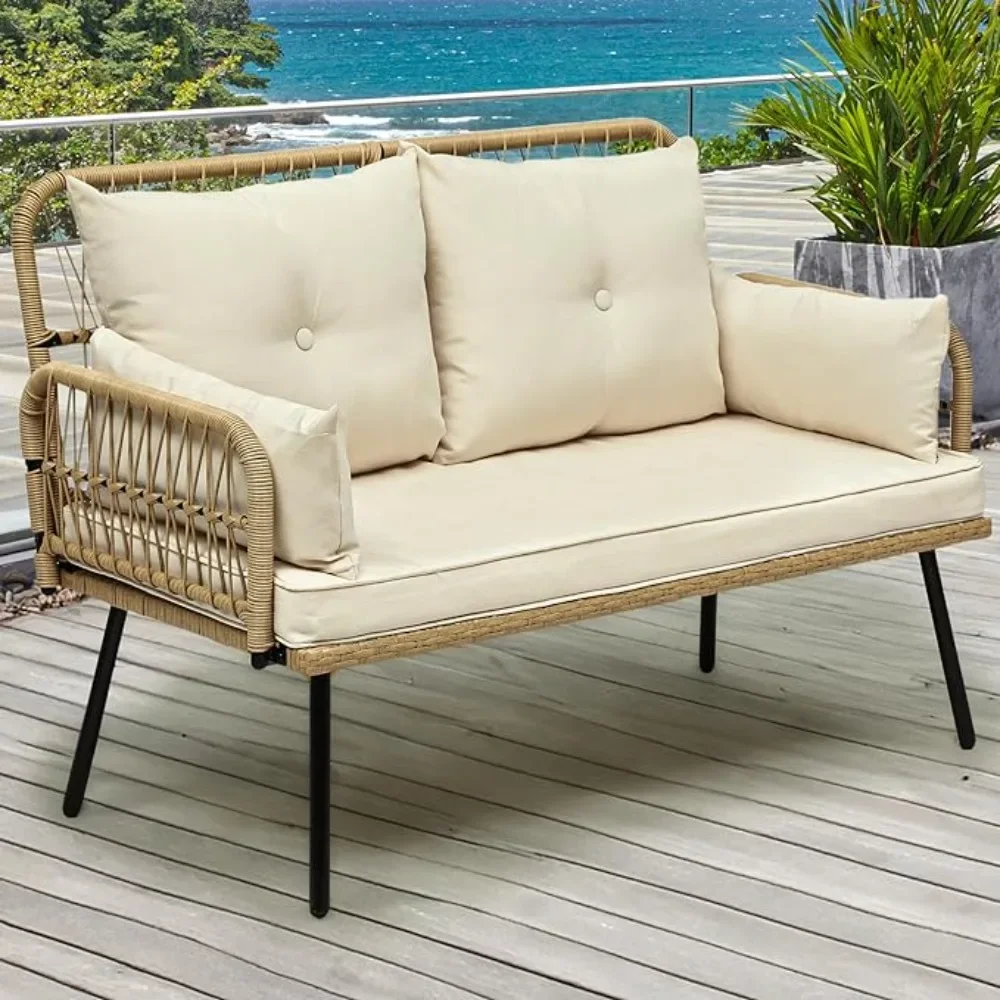 Loveseat exterior de vime, mobília do pátio, Rattan para todos os tempos, conversa para o quintal, o balcão e a plataforma, com coxins macios