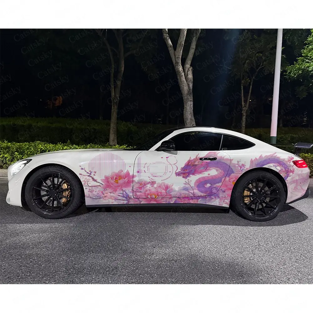 2pcs Pink Purple Swimming Dragon & Lotus Car Side Wrap, Self-Adhesive PVC Waterproof & Scratch-Resistant Stickers, Car Accessory view 4