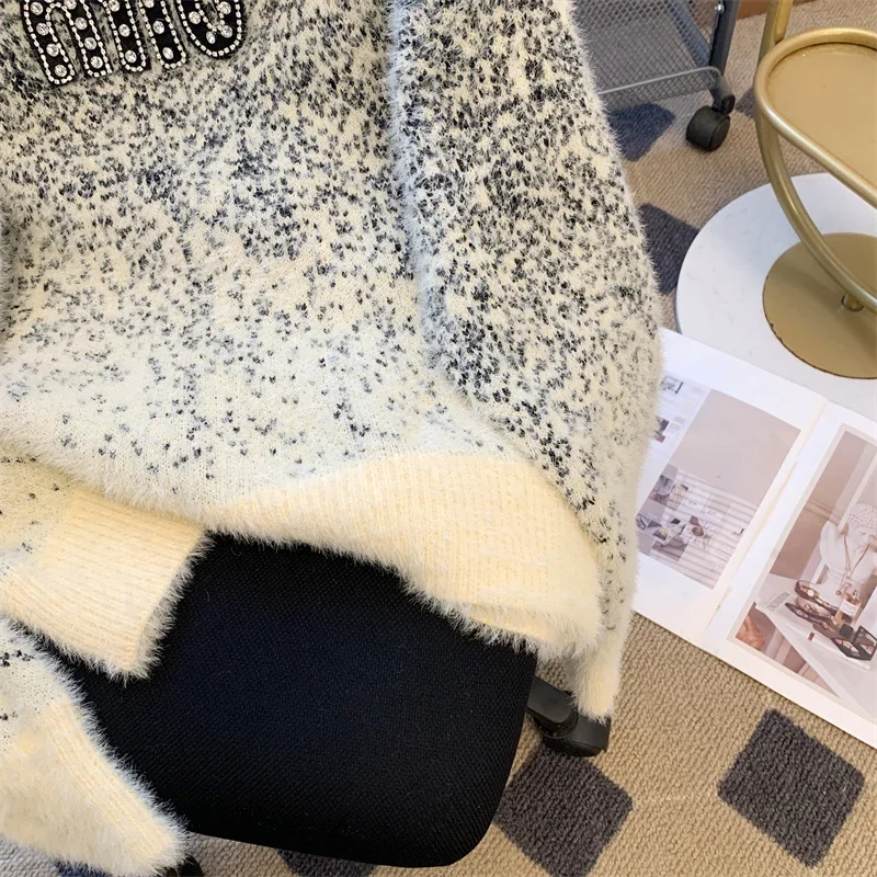 Lettera Diamanti Maglione lavorato a maglia Donna Allentato Casual Manica lunga Moda coreana Nuovo in vestiti Traf Top Tira Femme Autunno Inverno