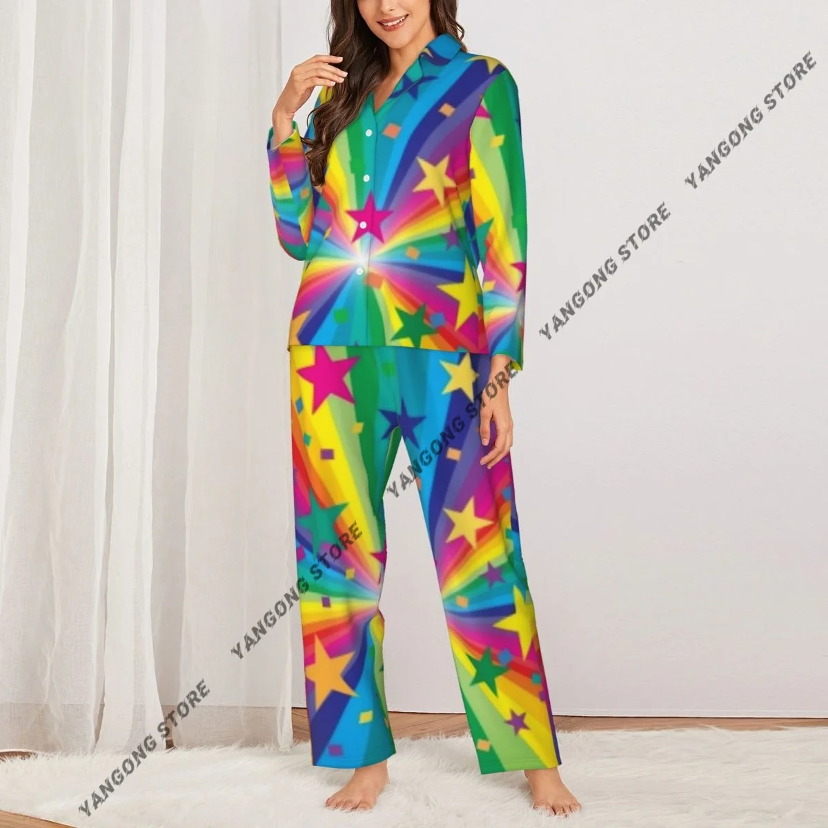Women Sleepwear Pajamas Abstract Rainbow And Stars Rays Celebrating Theme Long Sleeve Pijama Female Set Negligee Cardigan Suit