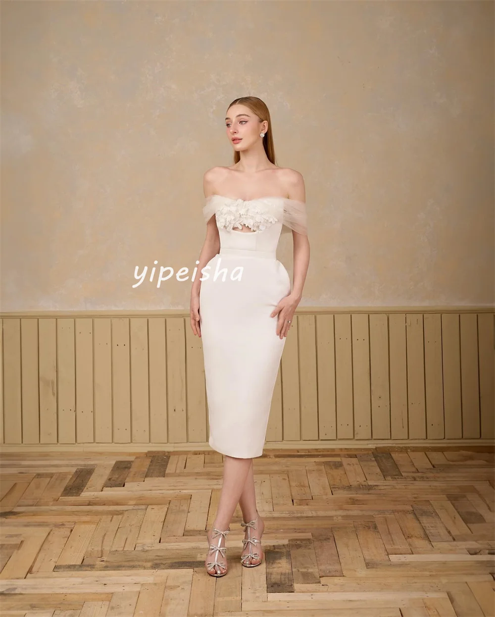 Customized Elegant Matching Jersey Flower Pleat Sheath Off-the-shoulder Knee Length Dresses Cocktail Dresses High Quality Sizes