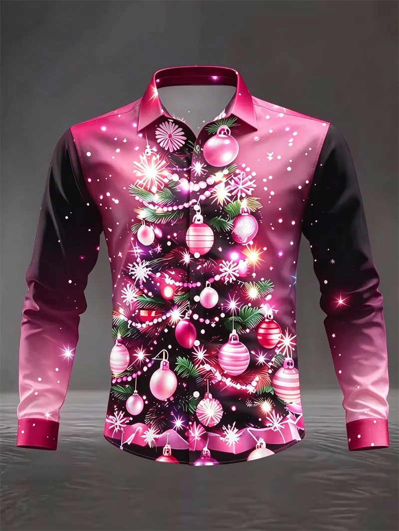 New men's pink black gradient Christmas tree long sleeved shirt with snowflake glitter star print lapel shirt