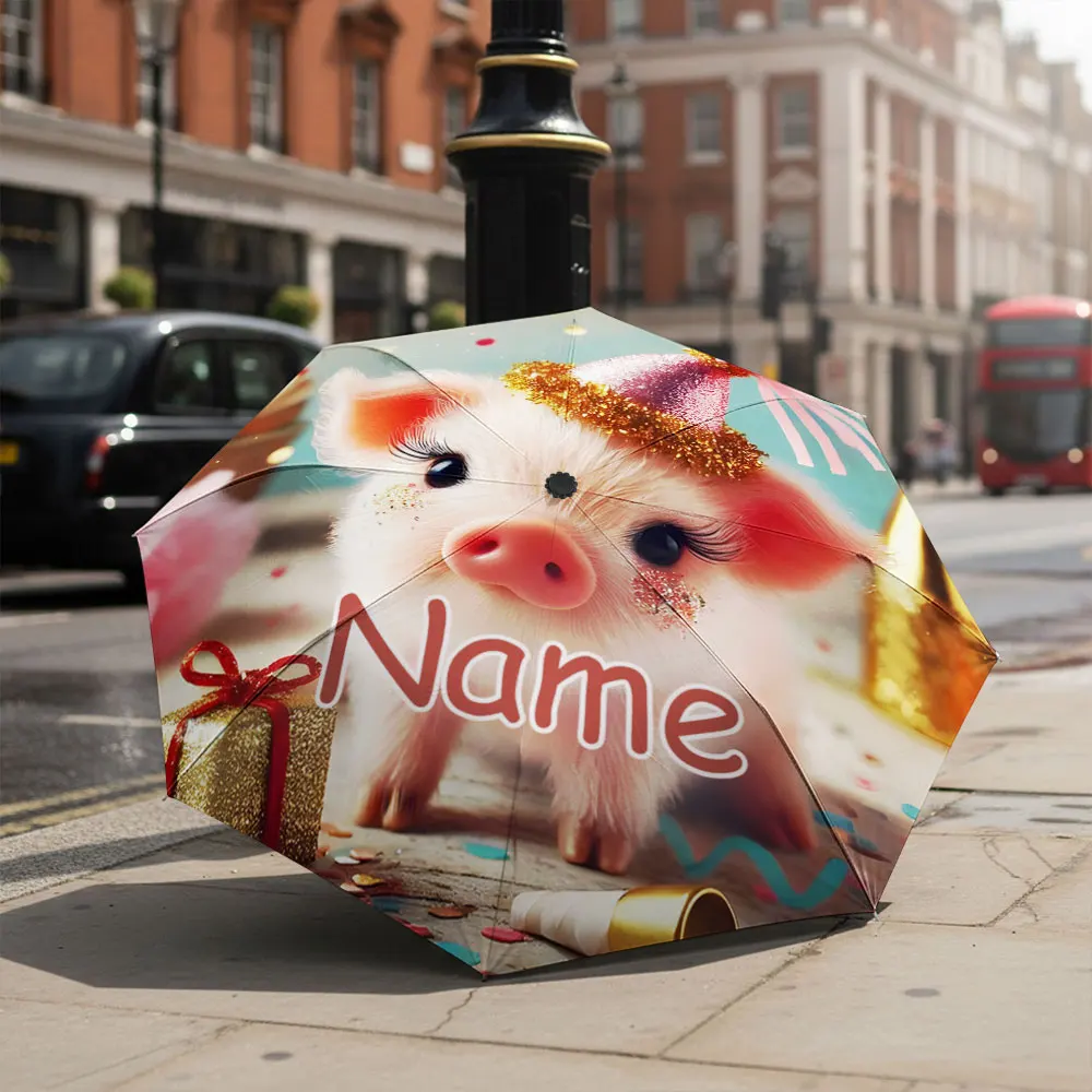 Custom Name umbrella, Cute Piglet Design with Party Hat and Glitter Accents Fashion Folding Umbrella for Sunny and Rainy Days