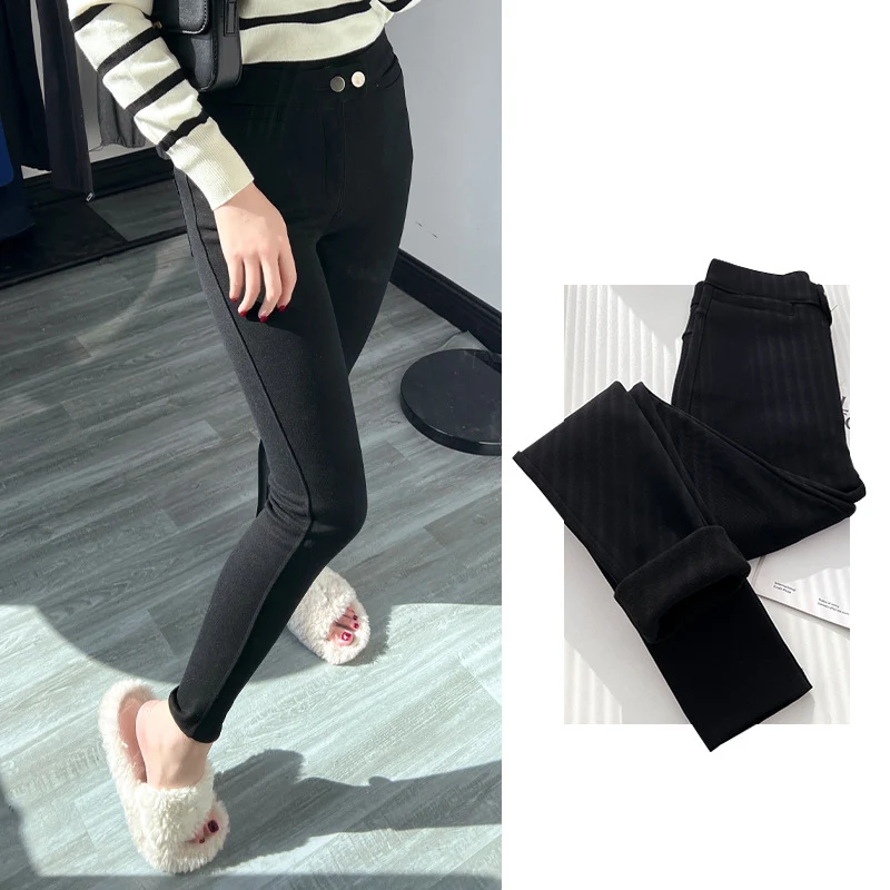 Women Plus Fleece Pencil Pants Autumn Winter Korean Versatile Slim Fit Black Pants Woman Out Wear Warm Tight Leggings Female