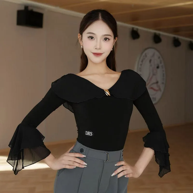 เสื้อเต้นลาตินสีดำ 3 สี สำหรับผู้หญิง ชุดฝึกซ้อมแทงโก้ บัลเลต์ คอวี แขนบาน ชุดรัดรูปสำหรับเต้นรำ ชุดฝึกซ้อมสำหรับผู้ใหญ่ รุ่น 2365