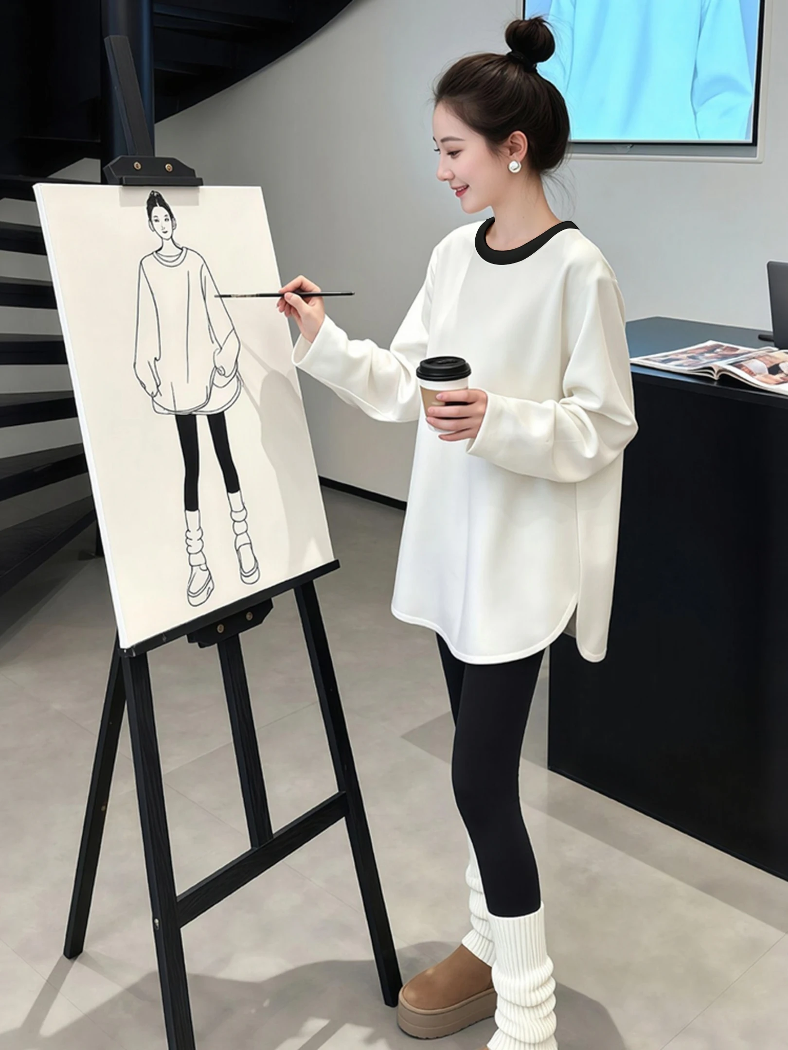 Loose Fit Pure Cotton round Neck T-Shirt Women's Mid-Length Base Shirt Butt Covering Lazy Style Korean Fashion Autumn Winter