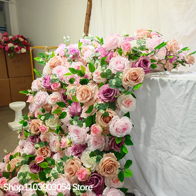Rosa Rose Grünes Blatt Künstliche Lange Blumenreihe Blumenwand Hochzeits-Hintergrund-Dekoration Event-Party-Requisiten 100/200cm – Detail 7
