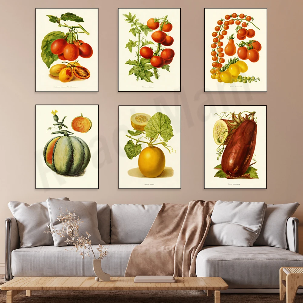 Seedlings of melons, cucumbers, eggplants, and tomatoes; advertising plants for vegetable seeds; natural garden style posters.