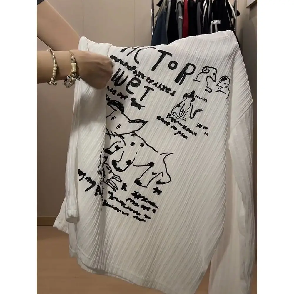 Loose Fit Long Sleeve T-Shirt Women's Style Cartoon Dog Drawn Hand T-Shirt Chic Salt System Top Korean Version Commute Style