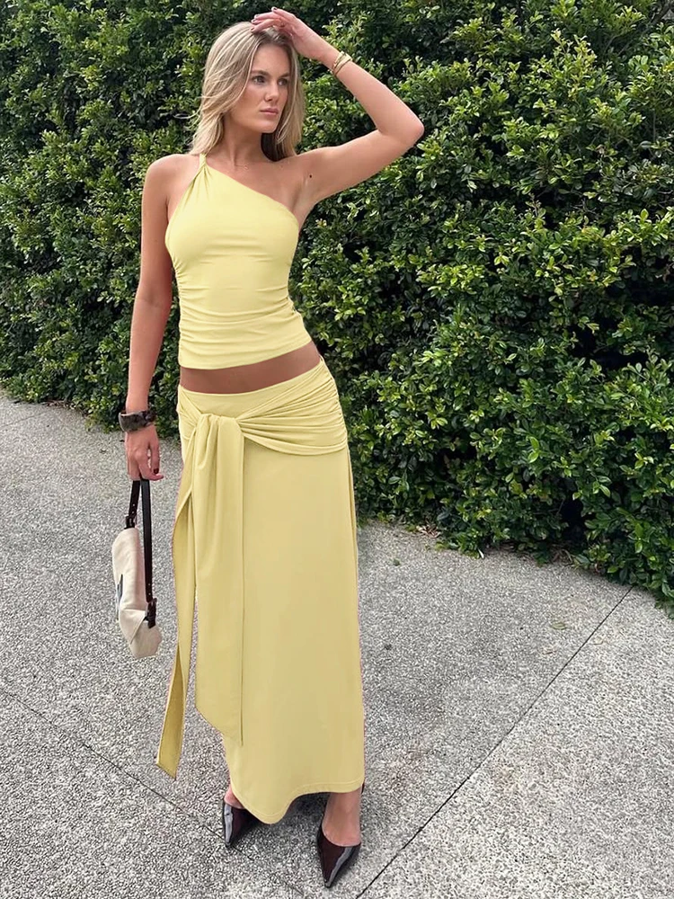 

Nibber Summer Elegant 2 Piece Set Women Simple Solid Skinny Skew Collar Tank Tops+Ruched Wrapped Bandage Skirts Party Streetwear