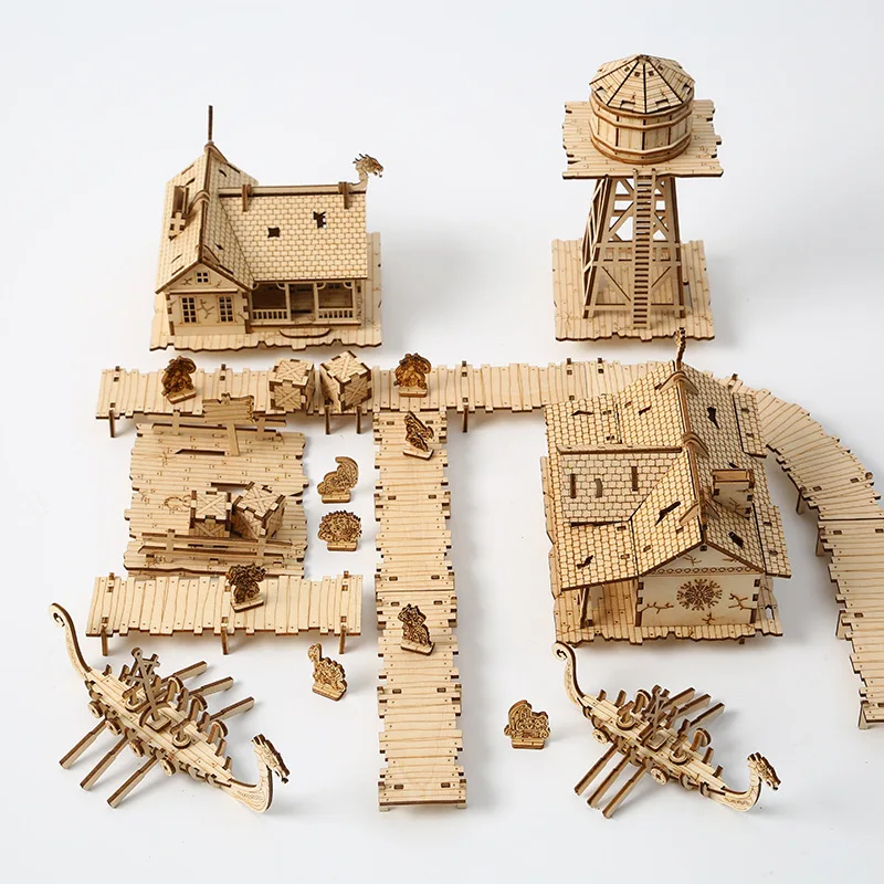 

3D Wooden Puzzle Model Kit Viking Fisherman Wharf Village Handmade DIY Assembly House Model Toy Gift for Children Adults