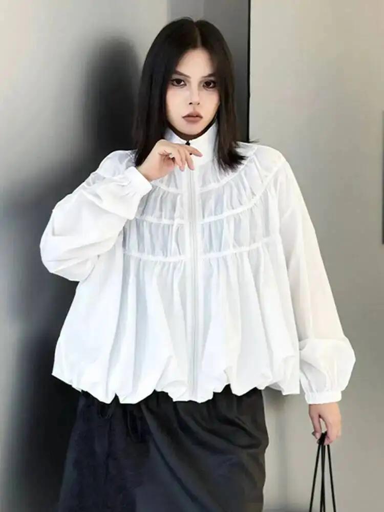 

White Pleated Big Size Casual Jacket New Stand Collar Long Sleeve Women Coat Fashion Tide Spring Autumn