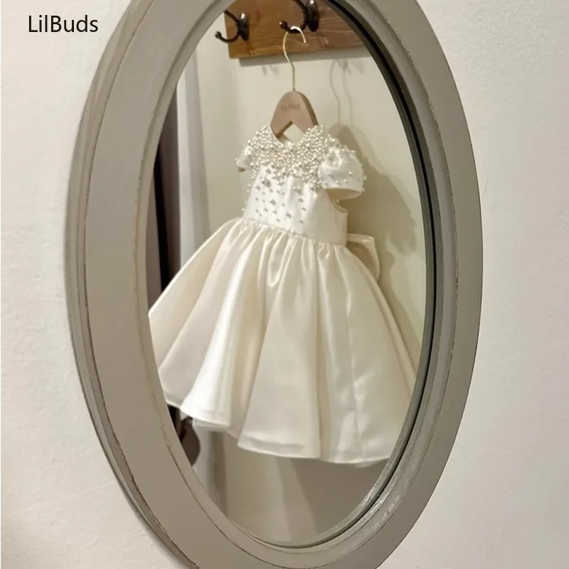 High End Handmade Baby Girl White Satin Dress Elegant Toddler Princess Dresses forCute Vestidos Birthday Party Wedding Clothes