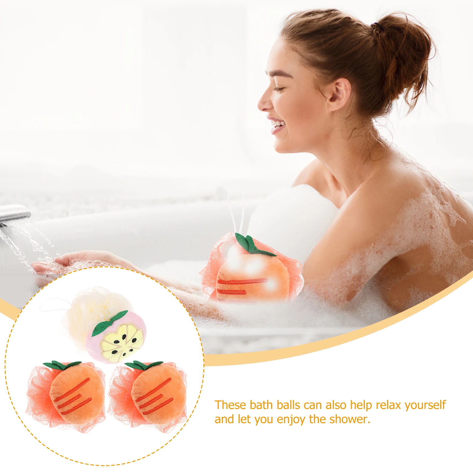 

3Pcs Fruit Shower Ball Creative Bathing Body Cleaning Ball Supple Soft Exfoliating Bath Scrubber Quick Drying Lanyard Design