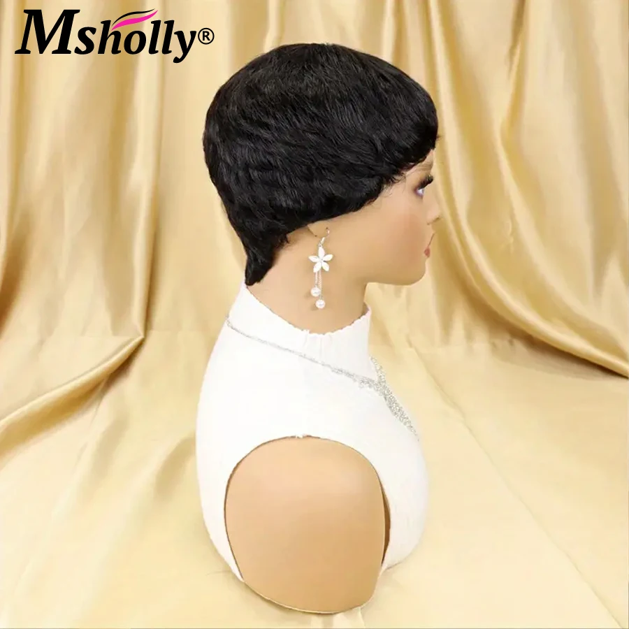 Pixie Cut Wig Short With Bangs Human Hair Wig 180 Density Wavy Layered Cut Full Machine Made Wig Brazilian Remy Wig For Women