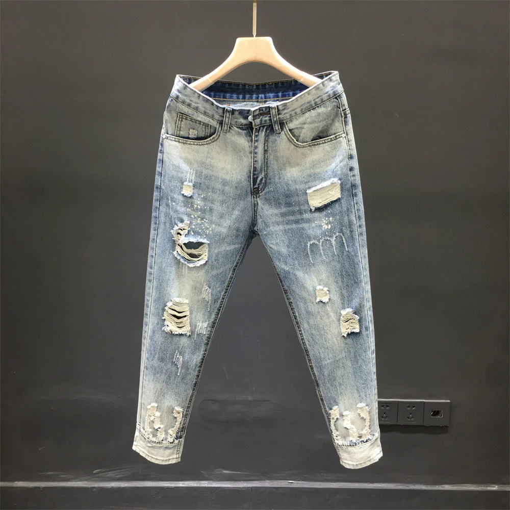 Jean Homme et Femme Taille Haute en Denim, Pantalon Sarouel Droit, Longueur Rinse, Été 2022