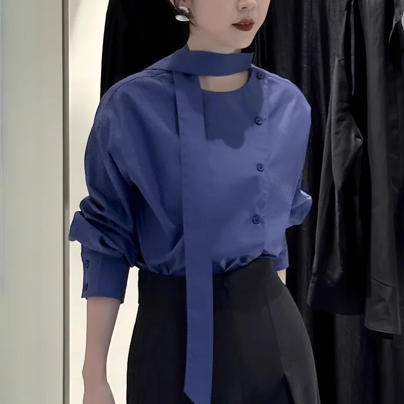 เสื้อเชิ้ตแขนยาวดีไซน์ฝรั่งเศสแบบไม่สมมาตรสำหรับผู้หญิง ฤดูใบไม้ร่วง 2025 รุ่นใหม่ สไตล์ผู้ใหญ่เบาๆ