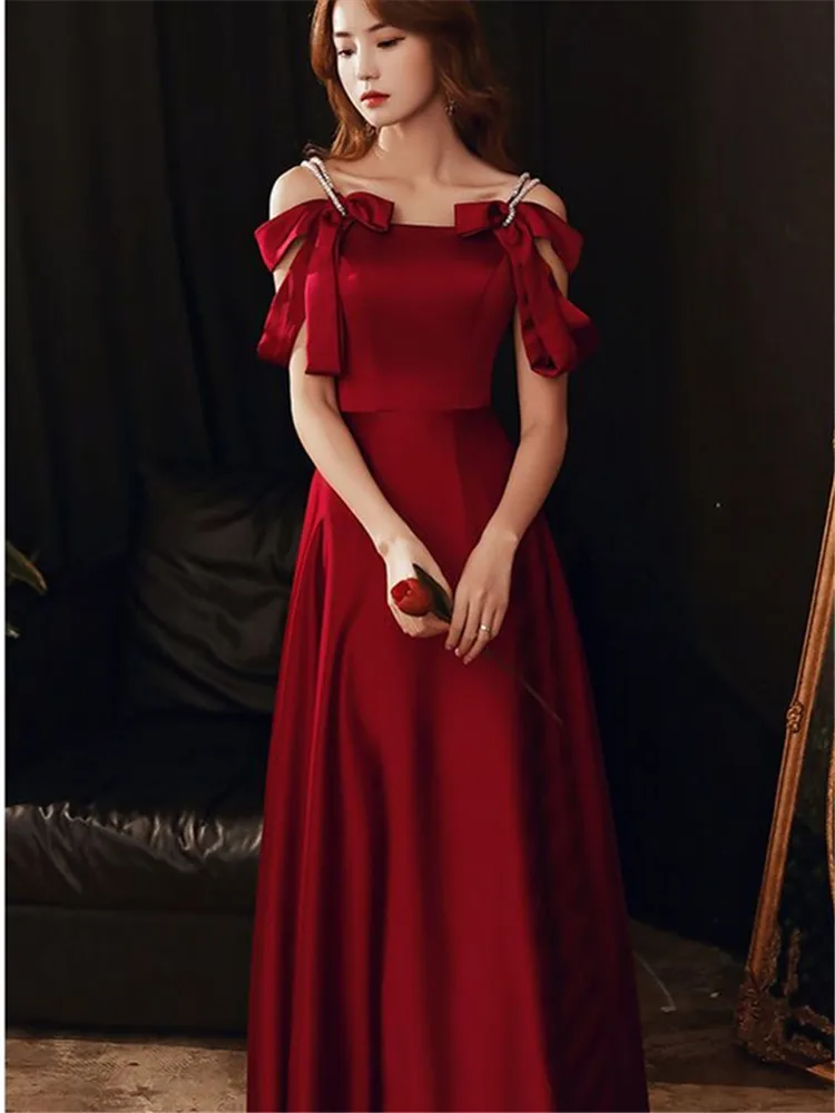 Elegant Dress Wine Red Solid Color Bow Diamond Long A-line Skirt Temperament Evening Gown M034