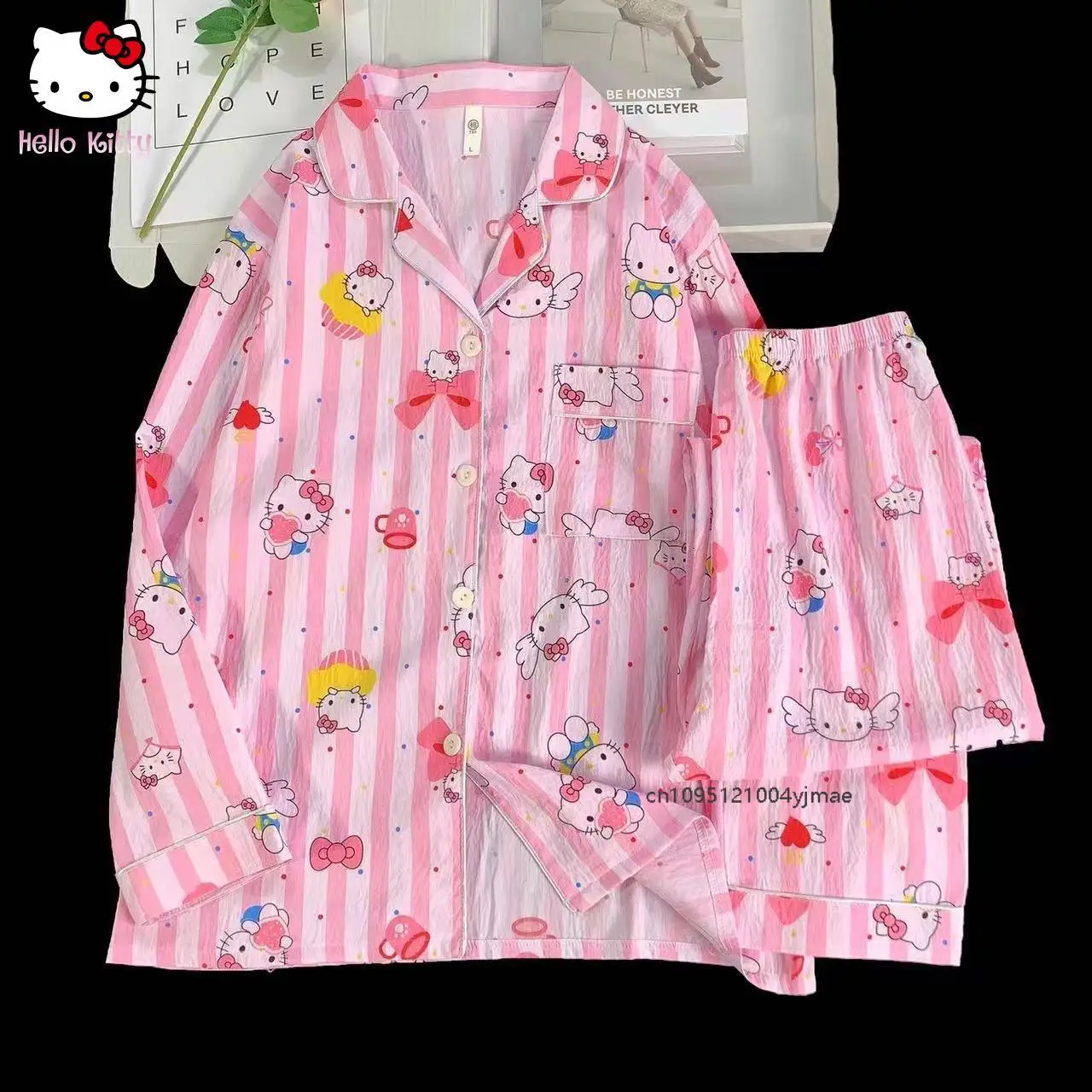 Sanrio 헬로 키티 여성 여름 잠옷 긴 소매 오픈 카디건 세트 여성용 가정 의류 편안한 통기성 잠옷 귀여운